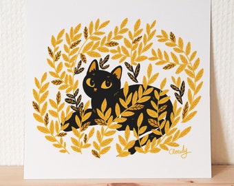 Black cat art print / "Honey" / cute cat wall art / cat lover gift