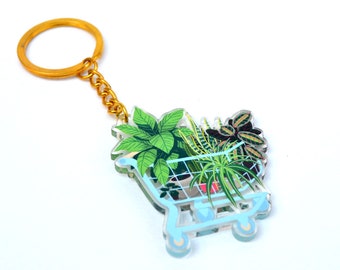 House plants in shopping cart keychain - transparent acrylic charm - "Plant Friends"