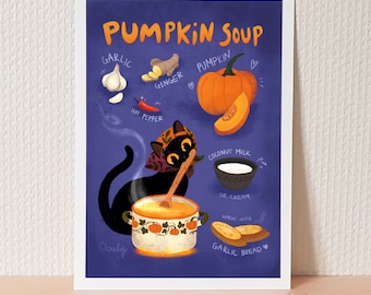 Impression d’art de chat noir « Soupe à la citrouille » / chat babouchka cuisine soupe à la citrouille / décoration murale de cuisine cottagecore / babushcat