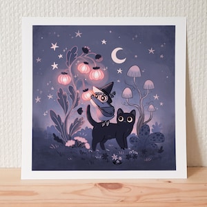 Witch and black cat art print / &quot;Garden of magic&quot; / cute witchy wall art