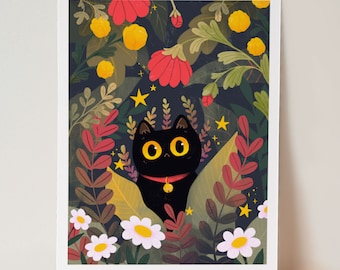 May include: A black cat with yellow eyes peeks out from behind a cluster of colorful flowers and leaves. The cat is wearing a red collar with a gold bell.