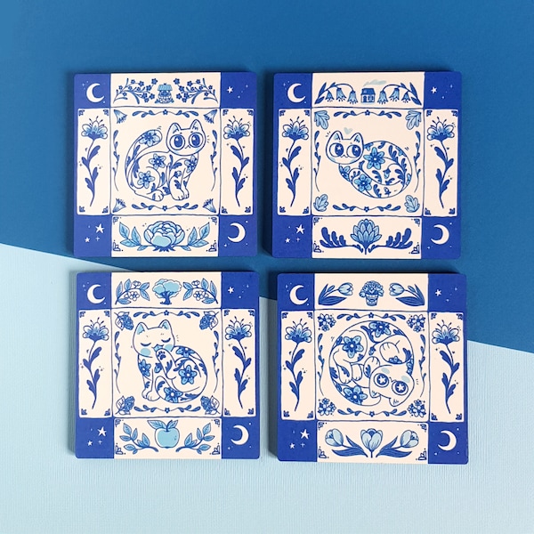 4 coaster set / "Porcelain cats" / blue and white floral cats / cute home decor / gift for cat lover