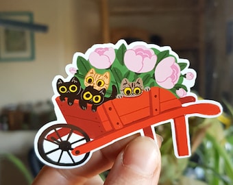 Cute kittens and flowers in a wheelbarrow / cats and plants / waterproof sticker / gift for cat lover