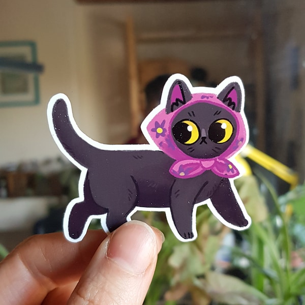Cute black cat vinyl sticker / babushka cat / waterproof sticker / gift for cat lover