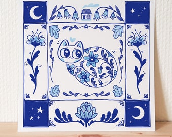 Blue and white cat on a porcelain tile art print / cute cat wall art