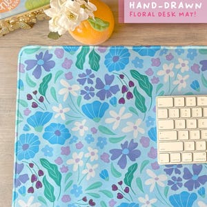 Blue Flower Desk Mat, Cute Floral Desk Pad, Colorful Girl Office Mouse Pad, Bright Home Office Gift for Her, Hand-Drawn Computer Decor