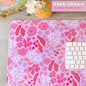 Pink Flower Desk Mat, Cute Floral Desk Pad, Colorful Girl Office Mouse Pad, Bright Home Office Gift for Her, Hand-Drawn Computer Decor