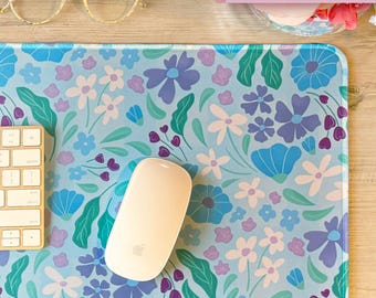 Blue Flower Desk Mat, Cute Floral Desk Pad, Colorful Girl Office Mouse Pad, Bright Home Office Gift for Her, Hand-Drawn Computer Decor