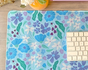 Blue Flower Desk Mat, Wildflower Desk Pad, Floral Office Desk Mat, Spring Office Decor, Cute Girl Office