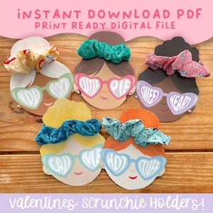 Druckbares Valentinstags Scrunchie Mitbringsel für Galentines, Klassenzimmer Parties, Sofort PDF Download | Haargummi, Clip, Haarspange Karte