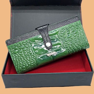 Cartera de lujo de piel verde con estampado de cocodrilo para mujer - Monedero de diseñador