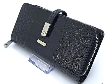 Black Alligator Pattern, Leather Wallet Women, Shiny Black Wallet, Elegant Black Wallet, Modern Women Wallet, Coin Photo Wallet