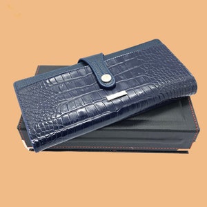 Cartera de piel auténtica azul marino para mujer - Bonito tarjetero con cierre de cremallera