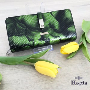 CARTERA DE CUERO VERDE, Monedero de Caimán, Cartera de Serpiente, Cartera de Diseño, Cartera Verde Mujer, Cartera de Piel de Vaca, Cartera Elegante de Cuero