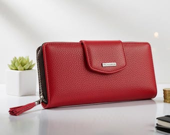 Red Leather Zip Wallet: Women's Phone Purse, Card Holder