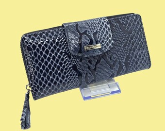 Navy Embossed Leather Wallet for Women | Crocodile Pattern Zip Purse