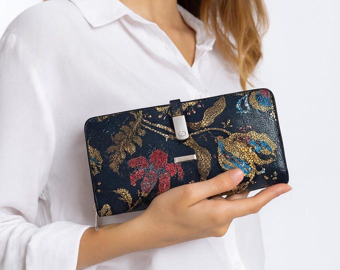 Featured listing image: Floral Leather Wallet - Soft Luxurious and Unique, Big Size, Gift For Ladies