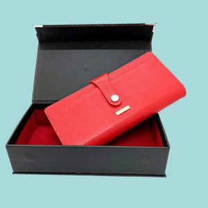 Monedero de piel rojo - Cartera grande y moderna para mujer con bolsillos para móvil y monedas