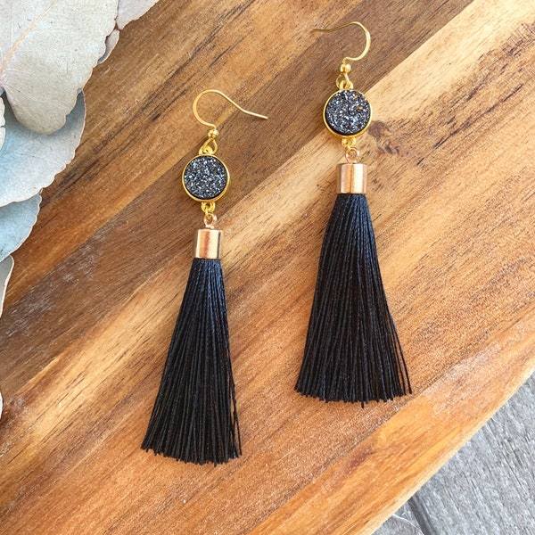Black druzy tassel earrings / sparkly dangle earrings / black tassel drop earrings / black glittery earrings / gift for wife girlfriend