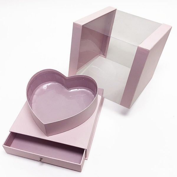 Pink Clear Square PVC Flower Box With Heart Shape in the Middle