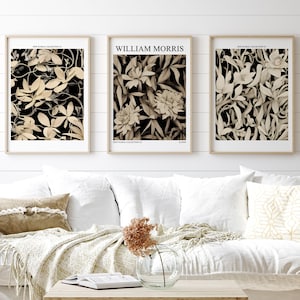 Set di 3 stampe William Morris, arte murale beige nera, download digitale botanico astratto, arte botanica neutra stampabile, poster floreale