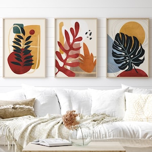 Boho Printable Wall Art Set of 3, Boho Beach Botanical Flower Digital Print, Boho Sun Set Print, Boho Moon Set, Minimalist Boho Wall Decor