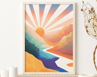 Boho Sun Print, Printable Wall Art, Retro Sun Print, Boho Landscape, Abstract Sun Print, Minimalist Art, Boho Wall Art, Colorful Landscape