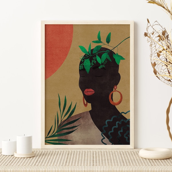 African Woman Wall Art, Black Woman Print, American Girl Wall Art, Boho Gallery Wall Art, Afro Woman Poster, Boho Flower and Woman Wall Art