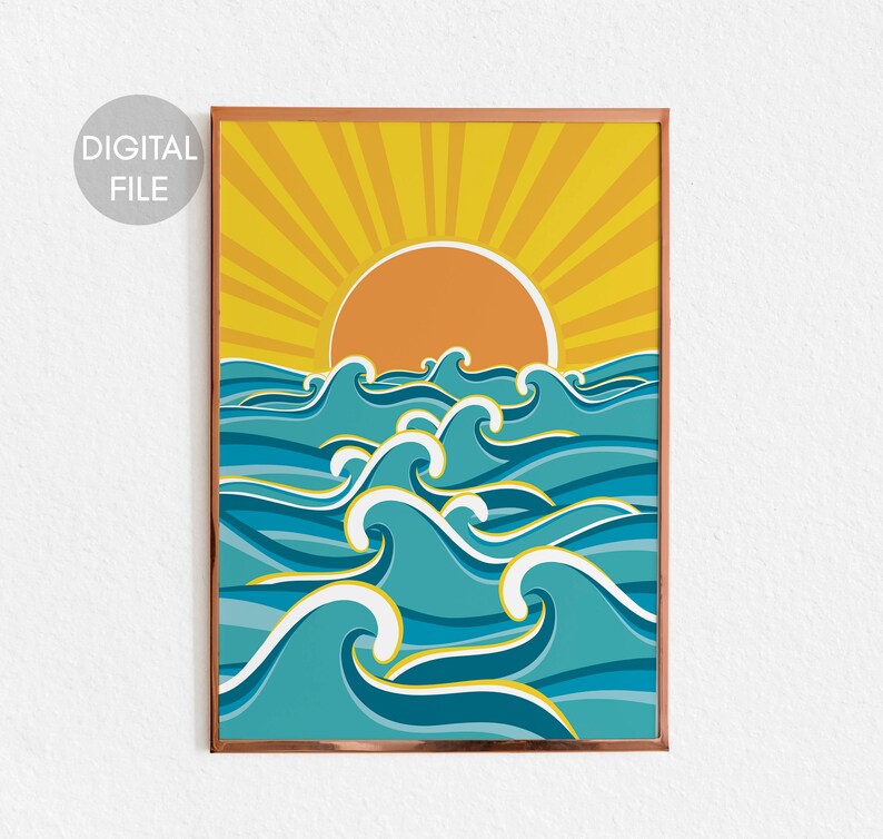 Abstract Boho Sun Prints Ocean Waves Illustration Printable Etsy