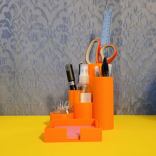 Tubes and Square desk organizer, pen pot, pencil holder. Retro 1970s 1980s inspired. Available in several Colors. Desk, vanity, counter.