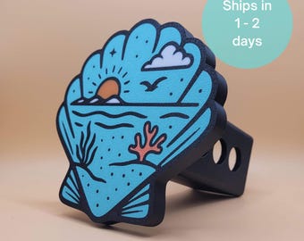3D Printed Clam Shell Trailer Hitch Cover: Ocean Sunset Beach Scene