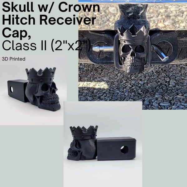 Skull with Crown Hitch Receiver Cap. 2" Receiver Plug. Several colors are available. Made in the USA! 3D printed.