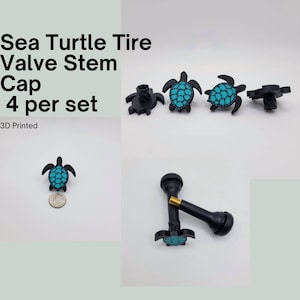 May include: Set of four 3D printed black tire valve stem caps with a blue sea turtle design.  Sea Turtle Tire Valve Stem Cap 4 per set 3D Printed.