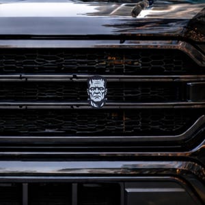 May include: A black and white emblem featuring the face of Frankenstein's monster attached to the center of a black vehicle grille. The graphic depicts the character with a flat top, heavy brow, and neck bolts, centered horizontally on the horizontal slats.