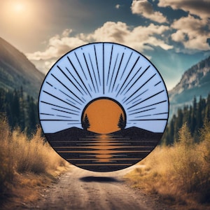 May include: A white circle with a black sunburst design and a yellow sun rising over a black silhouette of a lake and mountains. The circle is floating in front of a blurry background of a mountain range and a blue sky with white clouds.