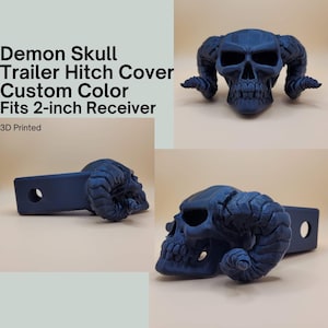May include: A 3D printed black demon skull trailer hitch cover. The skull has horns and fits a 2-inch receiver.