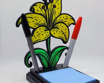 Lily Flower Note Pad and Pen Holder, Yellow, 3-inch Post-It Holder, 2 pen capacity, 3D Printed. Made to Order in the USA. Easy assembly.