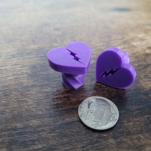 Broken Heart Tire Valve Stem Caps, Purple. Available in several Colors. 3D printed with Eco Friendly Material. Schrader Valve cover.