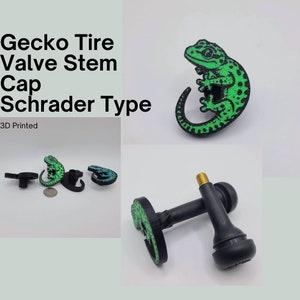 May include: Green and black 3D printed gecko valve stem cap for Schrader type valves.  The cap is shaped like a gecko with a curled tail.  3D Printed.