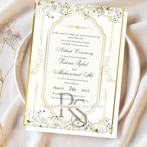Modelo de convite Nikkah | Convite de casamento com flores brancas | Modelo digital editável do Canva para download | Cartão de casamento personalizável em PDF