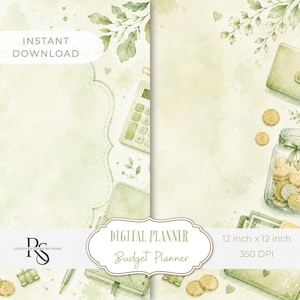 Puede incluir: Una plantilla de planificador de presupuesto digital con un fondo de acuarela verde suave, ilustrada con una calculadora, un frasco de vidrio lleno de monedas de oro, un cuaderno y un bolígrafo. El texto dice INSTANT DOWNLOAD, DIGITAL PLANNER y Budget Planner.