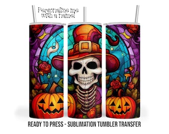 Halloween  Stained Glass, Skeleton, Dead Witch Bones Sublimation Tumbler Transfer Print For 20oz Tumbler - Ready To Press