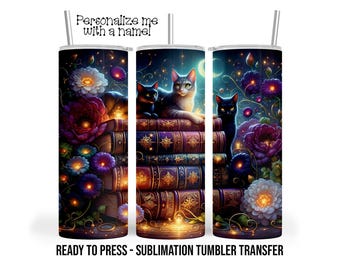 Vaso térmico de 20 oz con diseño de gatos místicos, lectura y amantes de los libros. Impresión por sublimación. Listo para usar.