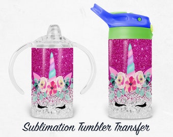 Pink Unicorn Kids 12 oz Sippy Sublimation Tumbler Transfer - Ready To press - Heat Transfers