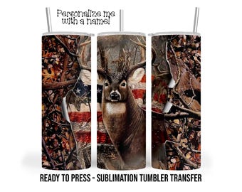 Whitetail Deer Hunting American Flag Camo Tumbler Sublimation Transfer, 20oz & 30oz Ready to Press