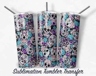 Sugar Skull Vinyl Wrap or Sublimation Transfer Print For 20 oz Tumbler - 30 oz Skinny Tumbler - Ready To press - Heat Transfers