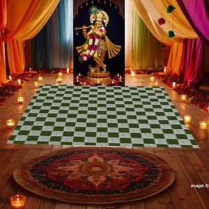 May include: An interior scene with a statue of a deity, surrounded by colorful draped fabrics and candles. A green and white checkered rug and a patterned rug are on the wooden floor. The image is lit by candles and has a warm, inviting atmosphere.