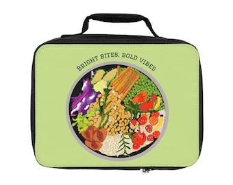 Bolsa para el almuerzo con bocados vibrantes y un toque de color / Ilustración de comida saludable y colorida