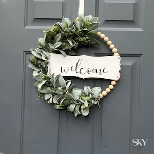 Welcome Front Door Wreath, Year Round Wreath, Modern Wood Bead Hoop Wreath, Hoop Wreath With Lambs Ear and Eucalyptus