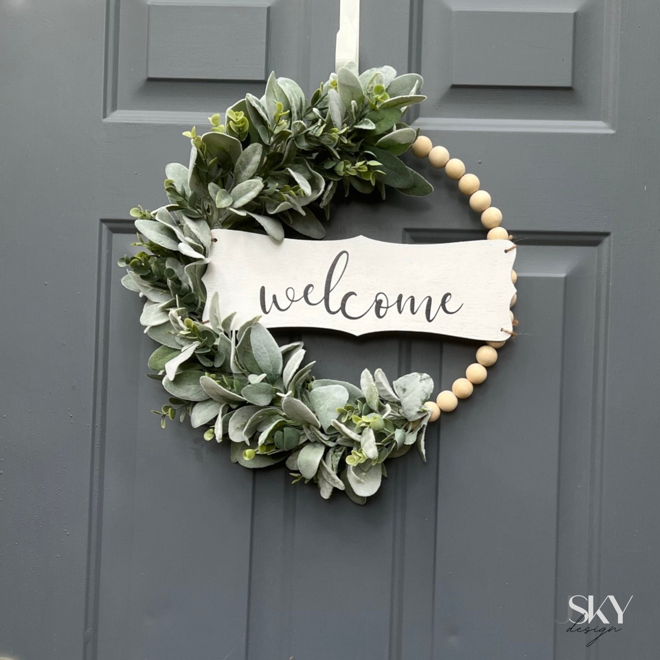 Idyllic Winters Wreath For Front Door, Wood Bead Wreaths With Artificial Lambs Ears Leaves, Hello And Welcome Door Sign Wreath For Home Decor, Spring